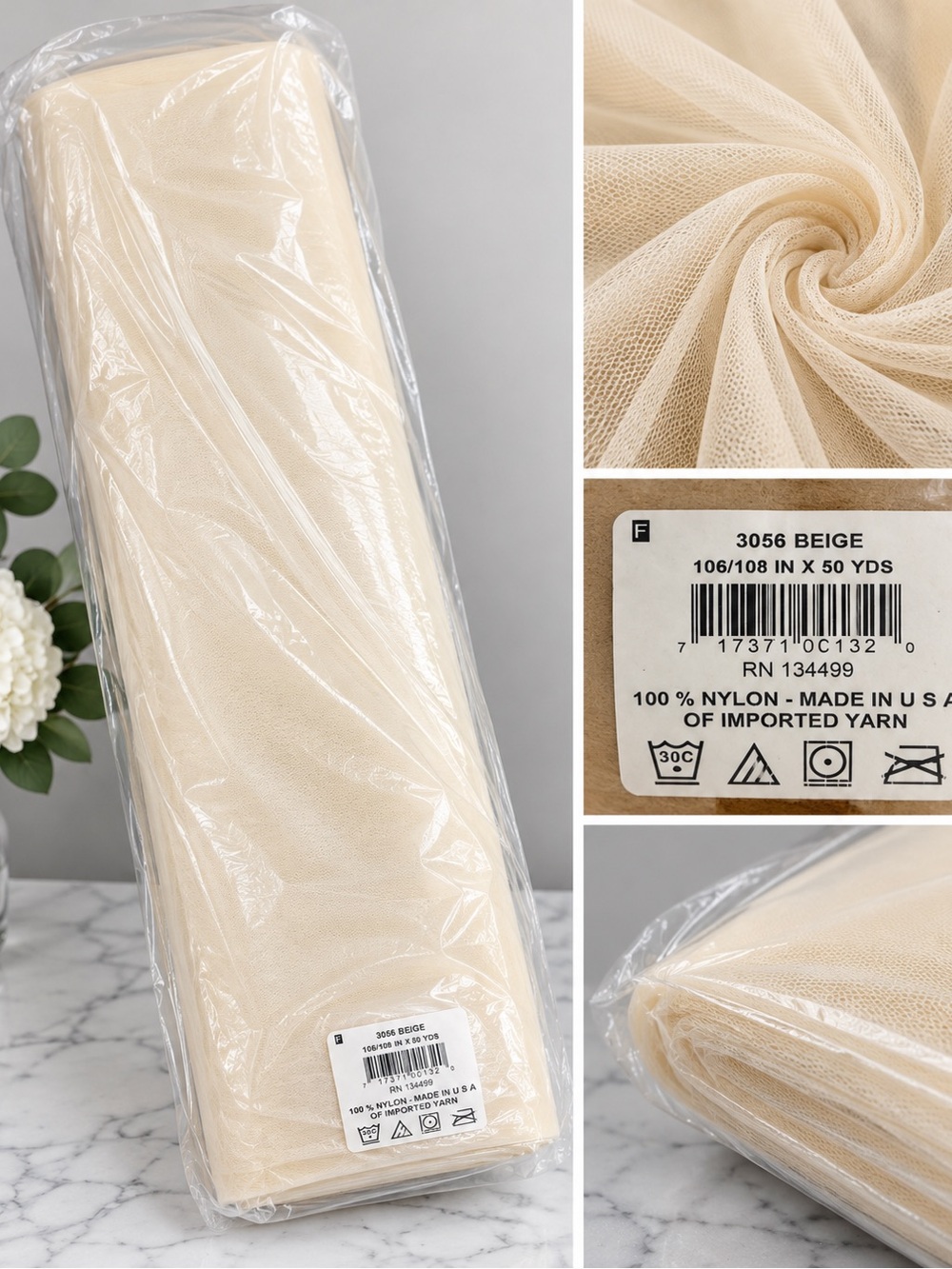 Beige Nylon Tulle Fabric 106/108” Wide 50 Yard Bolt 3066 Made in USA